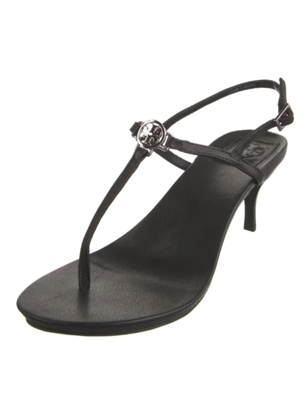 TORY BURCH Emmy Black Leather T-Strap Thong Sandals Kitten Heel Medallion Sz 9.5